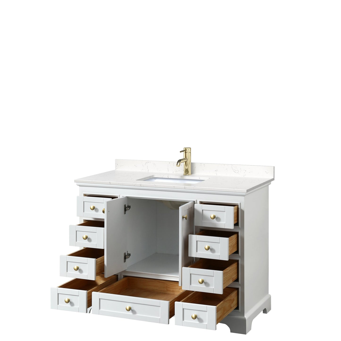 Wyndham Collection Deborah 48" Single Bathroom Vanity in White, Carrara Cultured Marble Countertop, Undermount Square Sink, Brushed Gold Trim, No Mirror