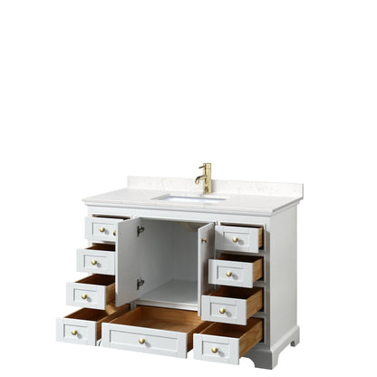 Wyndham Collection Deborah 48" Single Bathroom Vanity in White, Carrara Cultured Marble Countertop, Undermount Square Sink, Brushed Gold Trim, No Mirror