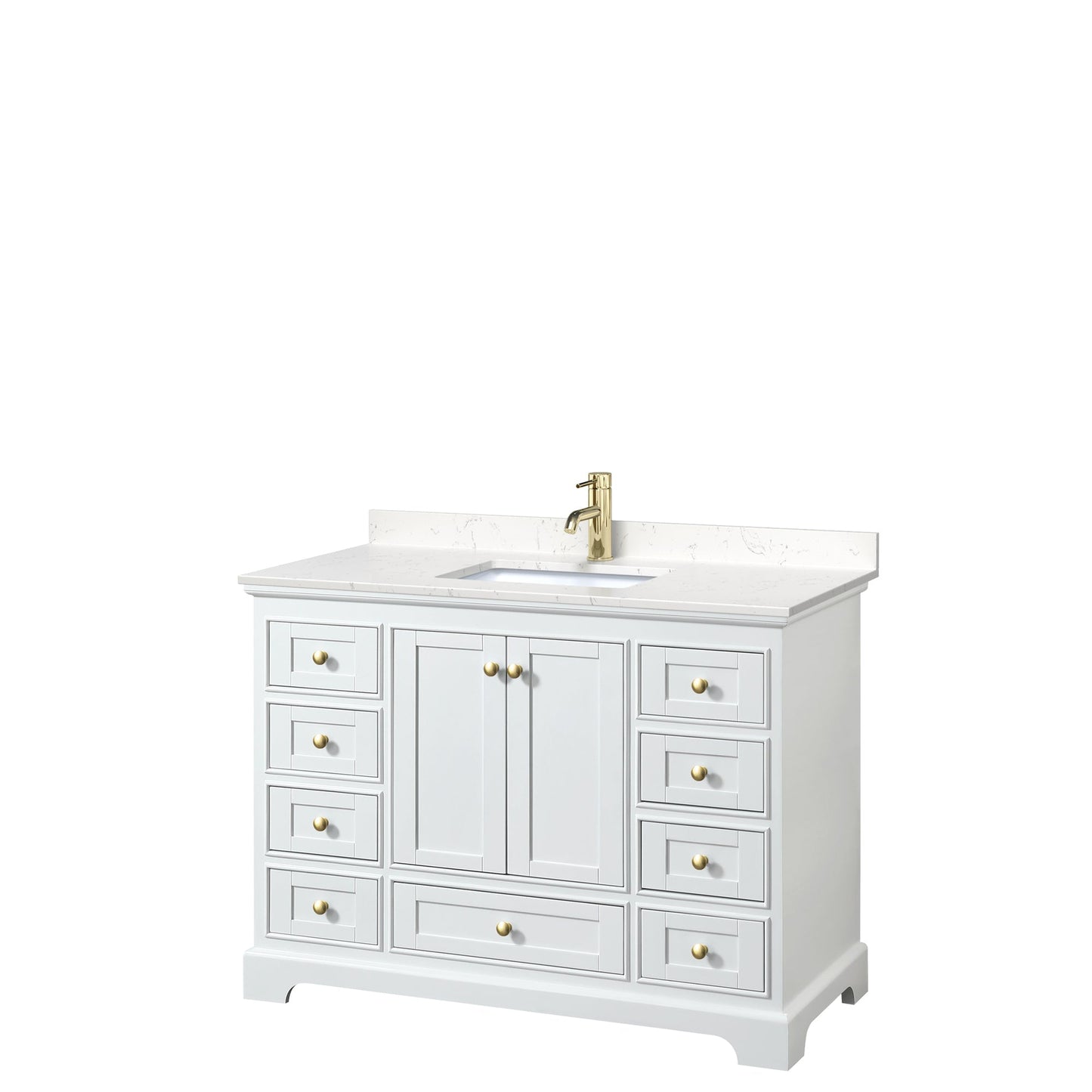 Wyndham Collection Deborah 48" Single Bathroom Vanity in White, Carrara Cultured Marble Countertop, Undermount Square Sink, Brushed Gold Trim, No Mirror