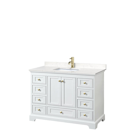 Wyndham Collection Deborah 48" Single Bathroom Vanity in White, Carrara Cultured Marble Countertop, Undermount Square Sink, Brushed Gold Trim, No Mirror