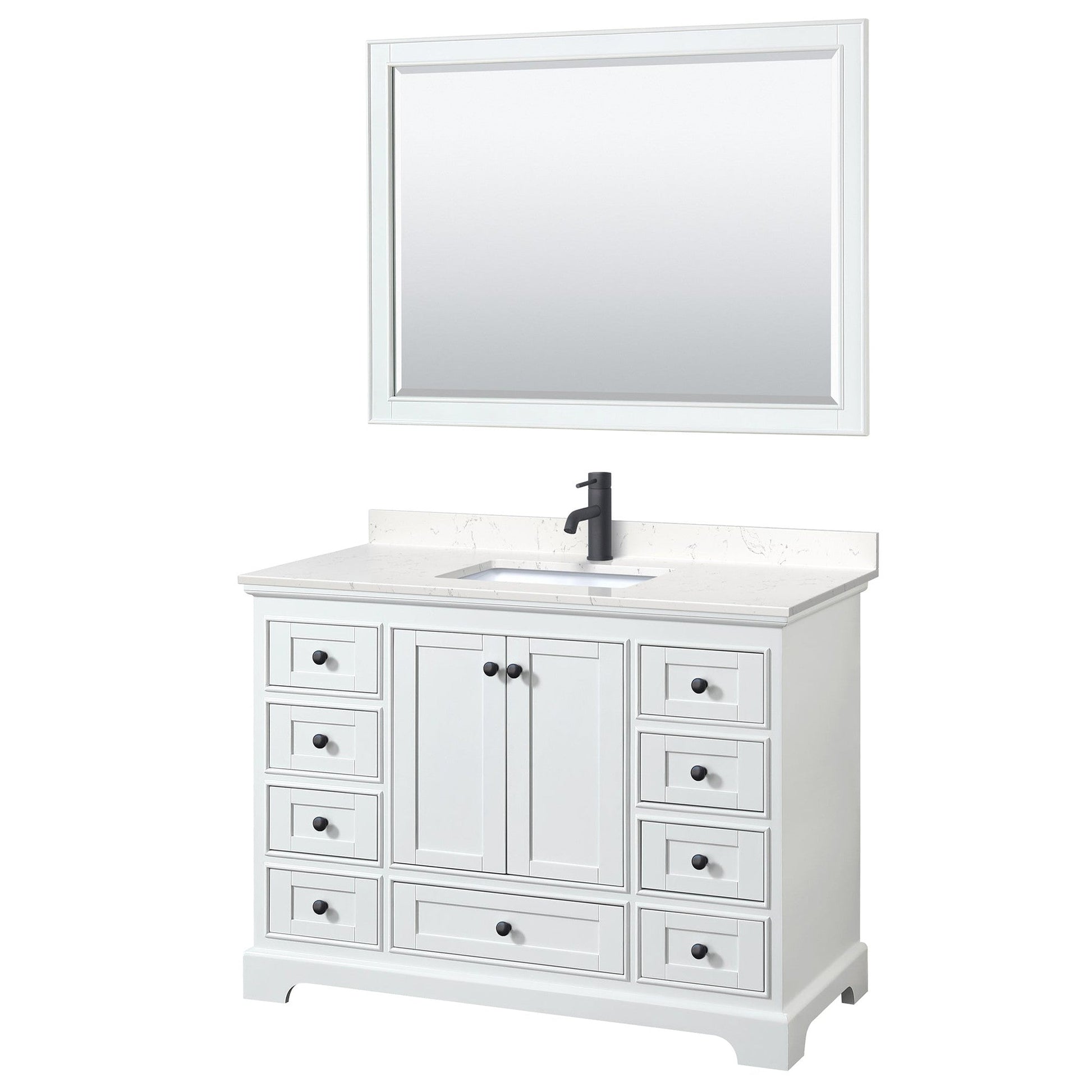 Wyndham Collection Deborah 48" Single Bathroom Vanity in White, Carrara Cultured Marble Countertop, Undermount Square Sink, Matte Black Trim, 46" Mirror