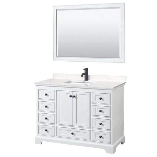 Wyndham Collection Deborah 48" Single Bathroom Vanity in White, Carrara Cultured Marble Countertop, Undermount Square Sink, Matte Black Trim, 46" Mirror