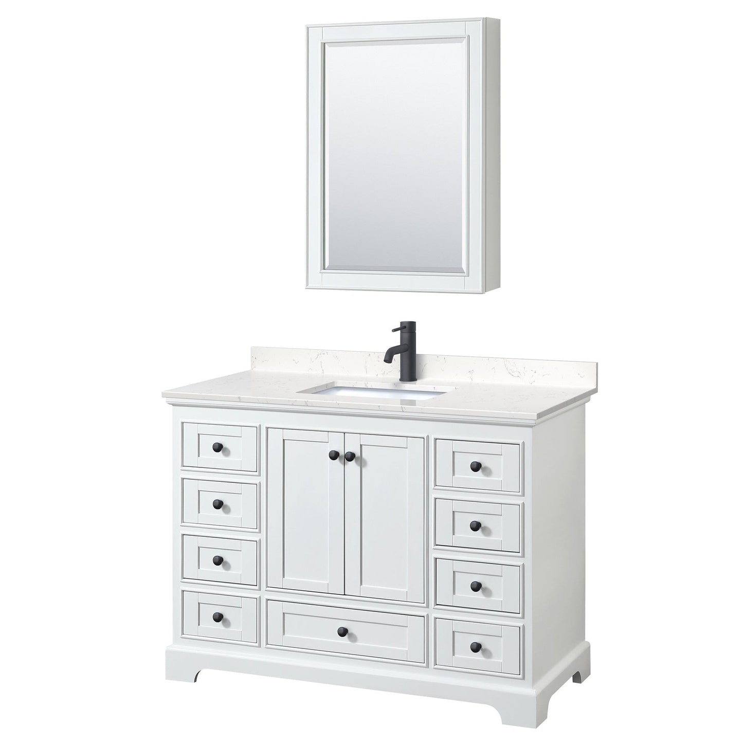 Wyndham Collection Deborah 48" Single Bathroom Vanity in White, Carrara Cultured Marble Countertop, Undermount Square Sink, Matte Black Trim, Medicine Cabinet