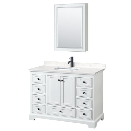 Wyndham Collection Deborah 48" Single Bathroom Vanity in White, Carrara Cultured Marble Countertop, Undermount Square Sink, Matte Black Trim, Medicine Cabinet