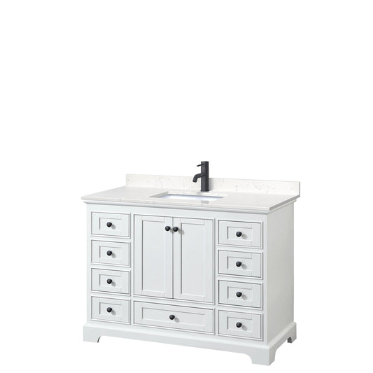 Wyndham Collection Deborah 48" Single Bathroom Vanity in White, Carrara Cultured Marble Countertop, Undermount Square Sink, Matte Black Trim