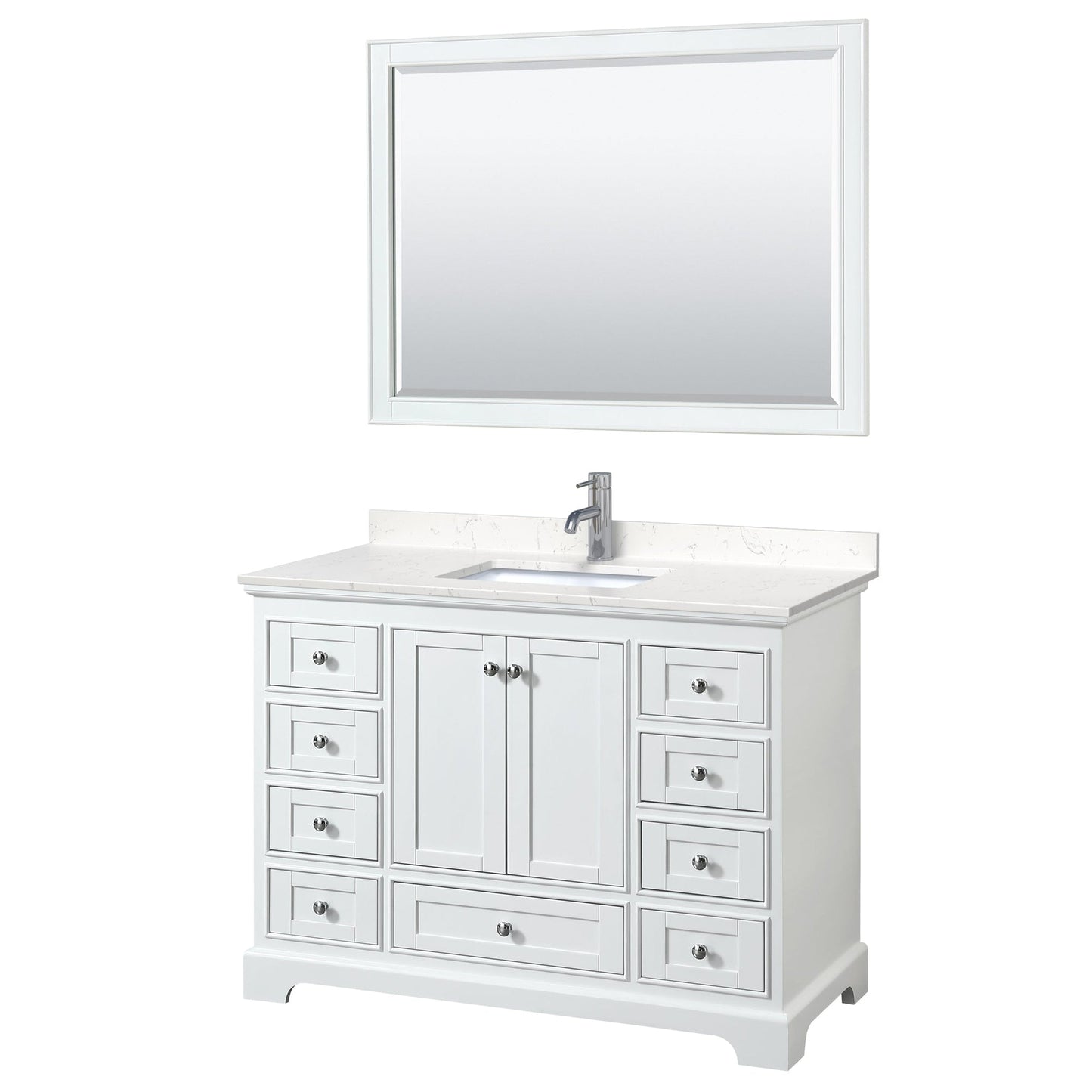 Wyndham Collection Deborah 48" Single Bathroom Vanity in White, Light-Vein Carrara Cultured Marble Countertop, Undermount Square Sink, 46" Mirror