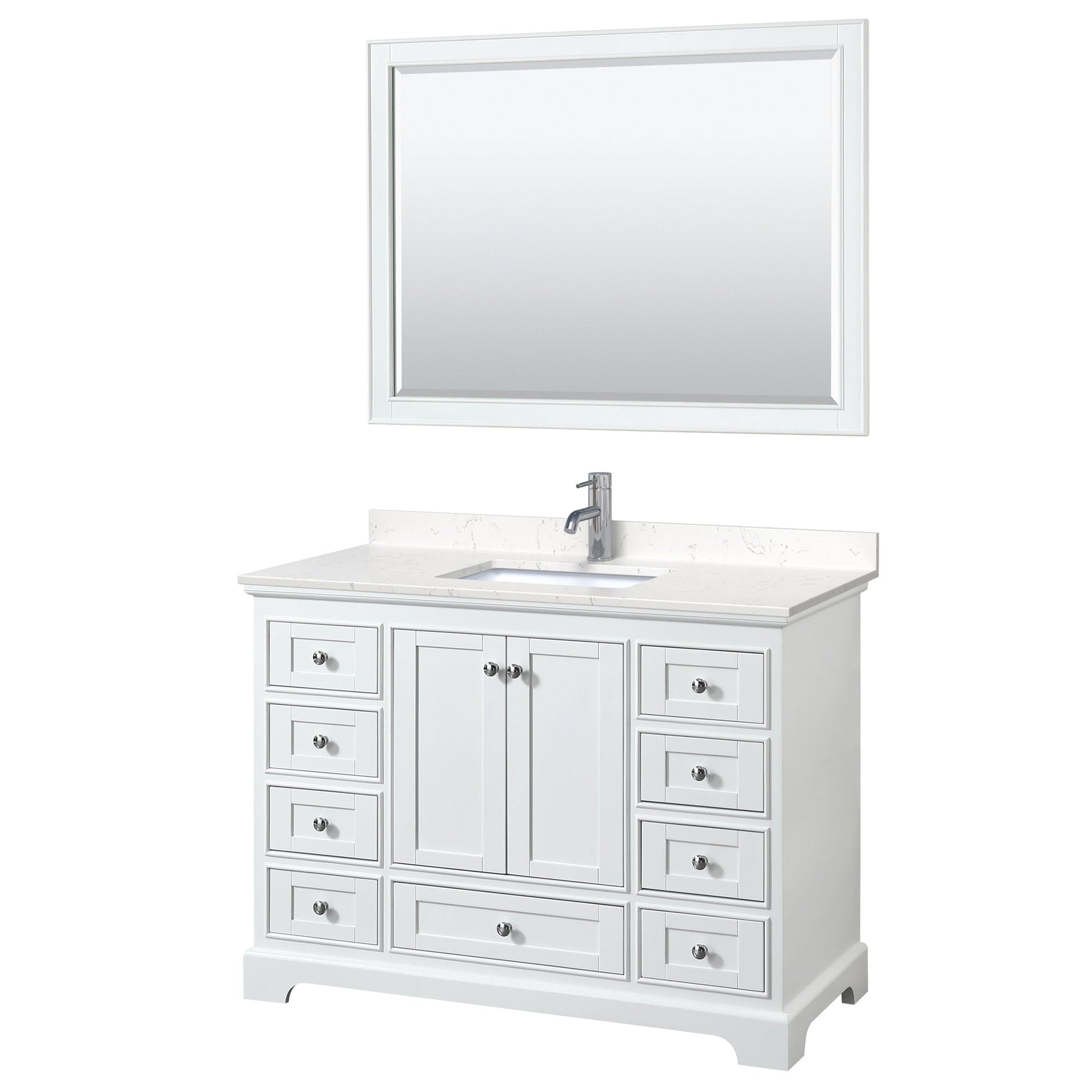 Wyndham Collection Deborah 48" Single Bathroom Vanity in White, Light-Vein Carrara Cultured Marble Countertop, Undermount Square Sink, 46" Mirror