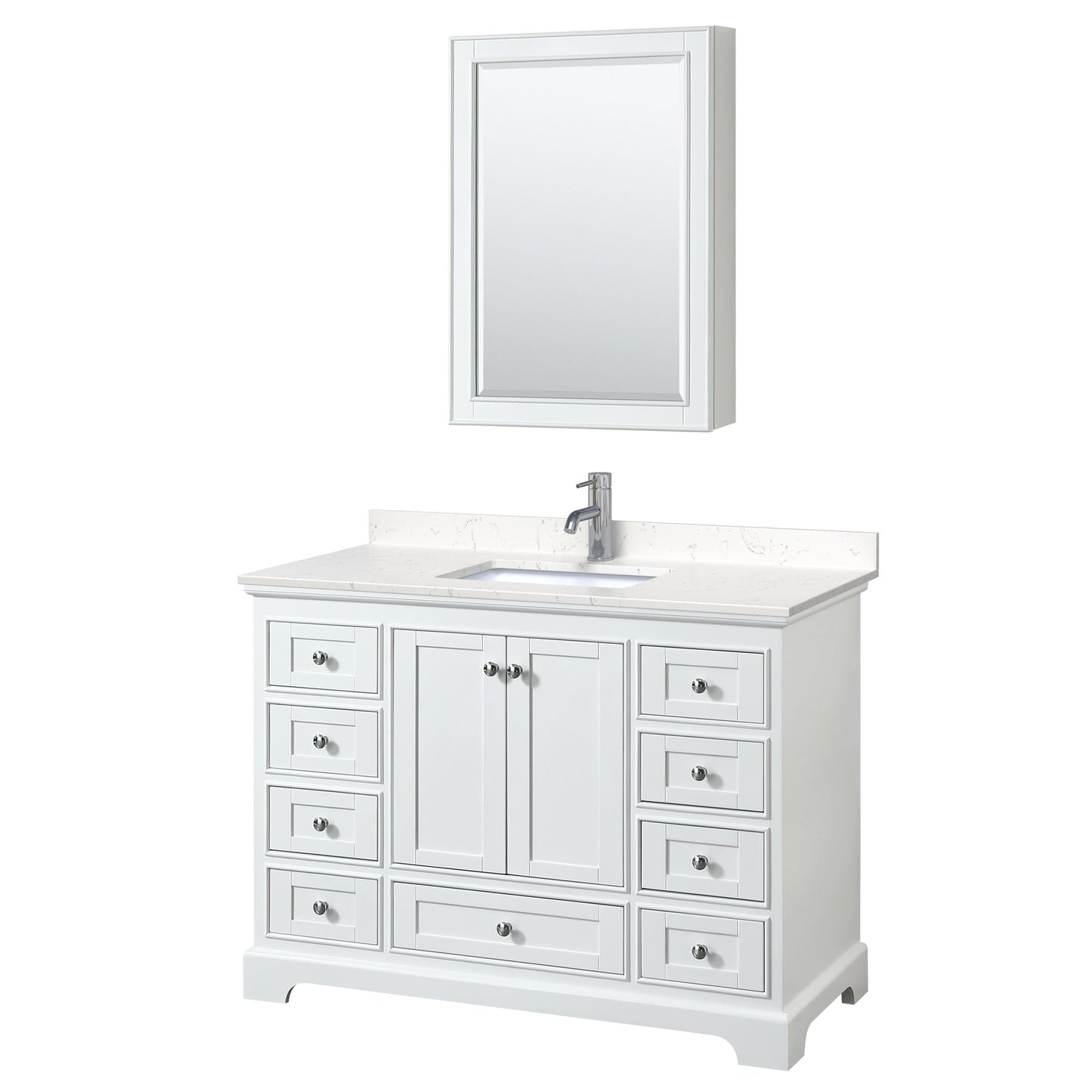 Wyndham Collection Deborah 48" Single Bathroom Vanity in White, Light-Vein Carrara Cultured Marble Countertop, Undermount Square Sink, Medicine Cabinet