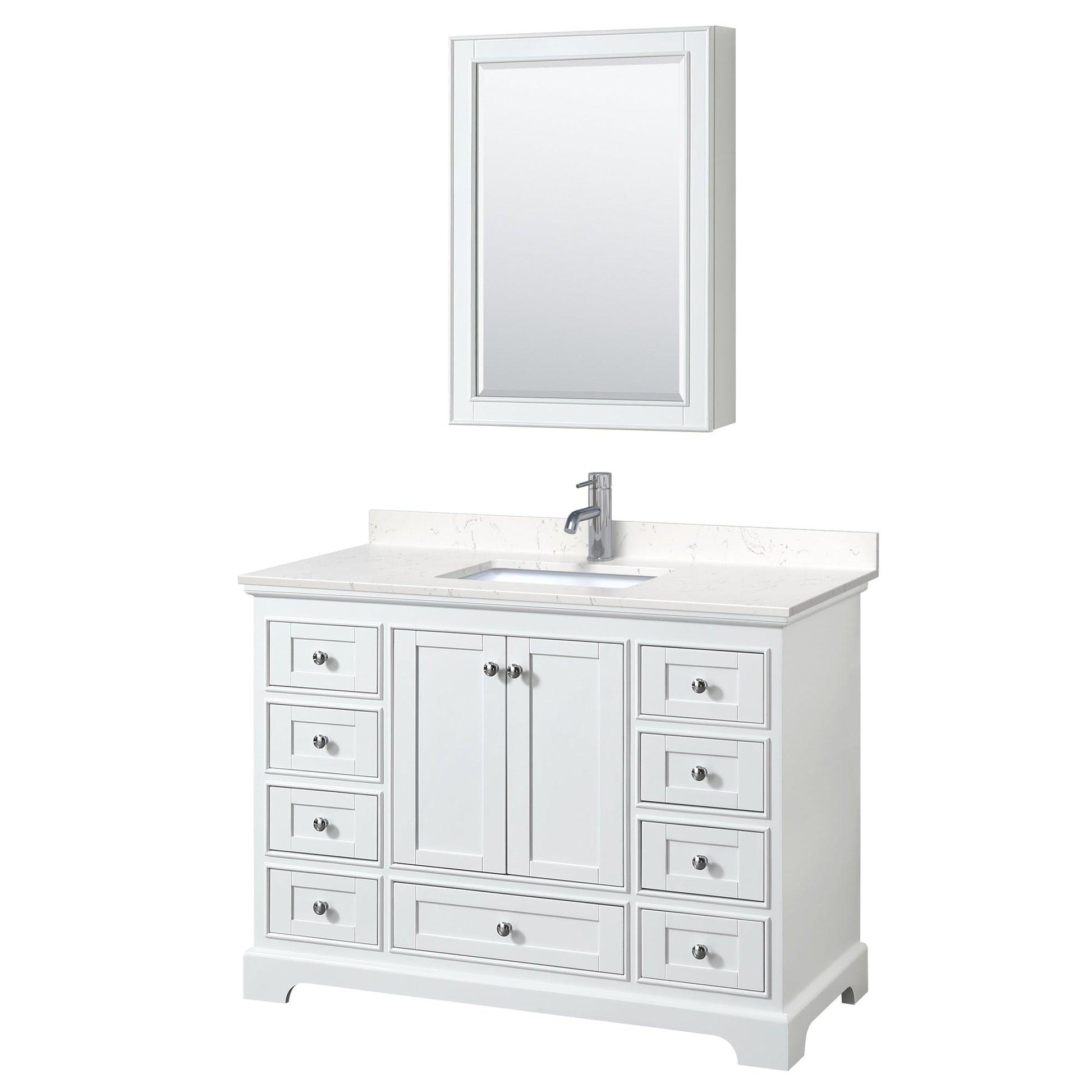 Wyndham Collection Deborah 48" Single Bathroom Vanity in White, Light-Vein Carrara Cultured Marble Countertop, Undermount Square Sink, Medicine Cabinet