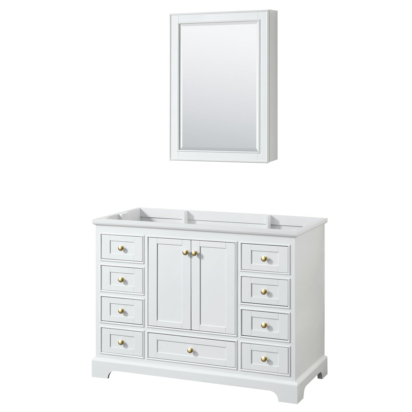 Wyndham Collection Deborah 48" Single Bathroom Vanity in White, No Countertop, No Sink, Brushed Gold Trim, Medicine Cabinet