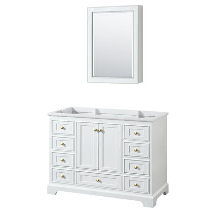 Wyndham Collection Deborah 48" Single Bathroom Vanity in White, No Countertop, No Sink, Brushed Gold Trim, Medicine Cabinet