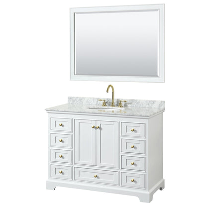 Wyndham Collection Deborah 48" Single Bathroom Vanity in White, White Carrara Marble Countertop, Undermount Oval Sink, Brushed Gold Trim, 46" Mirror