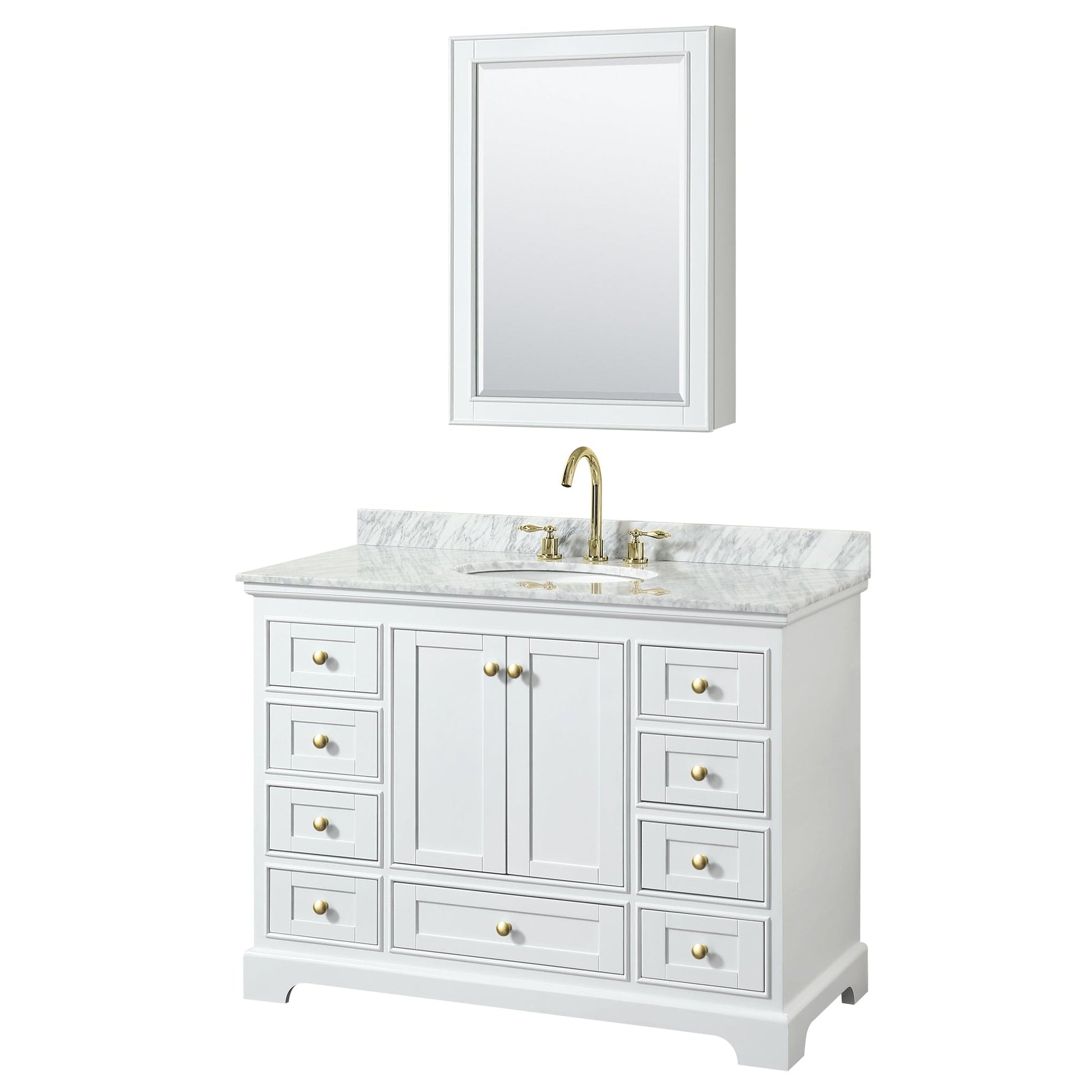 Wyndham Collection Deborah 48" Single Bathroom Vanity in White, White Carrara Marble Countertop, Undermount Oval Sink, Brushed Gold Trim, Medicine Cabinet