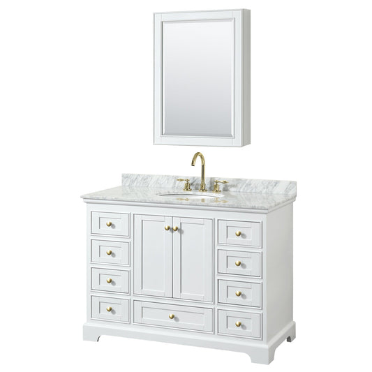 Wyndham Collection Deborah 48" Single Bathroom Vanity in White, White Carrara Marble Countertop, Undermount Oval Sink, Brushed Gold Trim, Medicine Cabinet