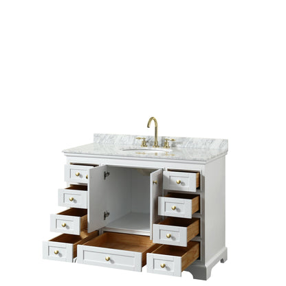 Wyndham Collection Deborah 48" Single Bathroom Vanity in White, White Carrara Marble Countertop, Undermount Oval Sink, Brushed Gold Trim, No Mirror