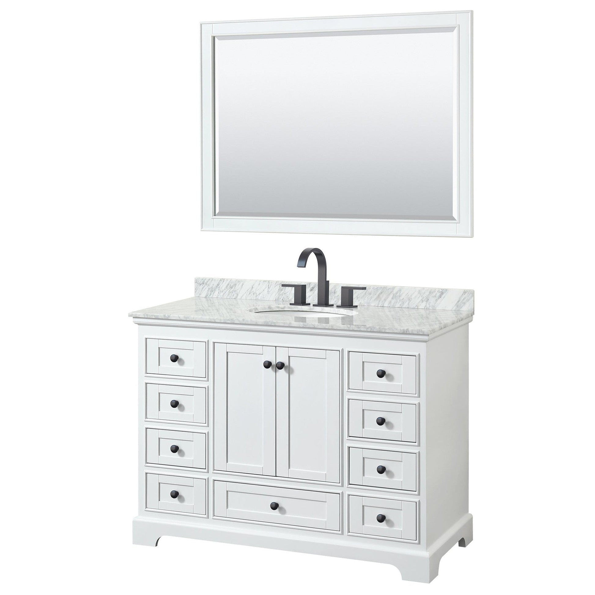 Wyndham Collection Deborah 48" Single Bathroom Vanity in White, White Carrara Marble Countertop, Undermount Oval Sink, Matte Black Trim, 46" Mirror