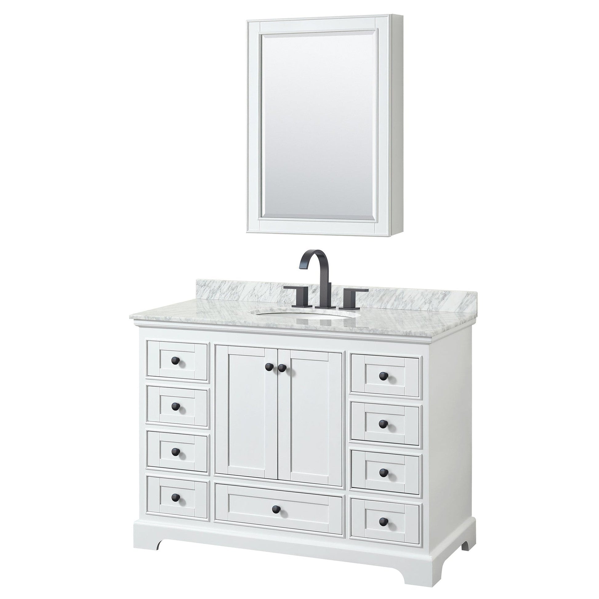 Wyndham Collection Deborah 48" Single Bathroom Vanity in White, White Carrara Marble Countertop, Undermount Oval Sink, Matte Black Trim, Medicine Cabinet