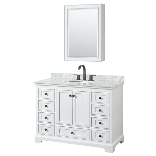 Wyndham Collection Deborah 48" Single Bathroom Vanity in White, White Carrara Marble Countertop, Undermount Oval Sink, Matte Black Trim, Medicine Cabinet