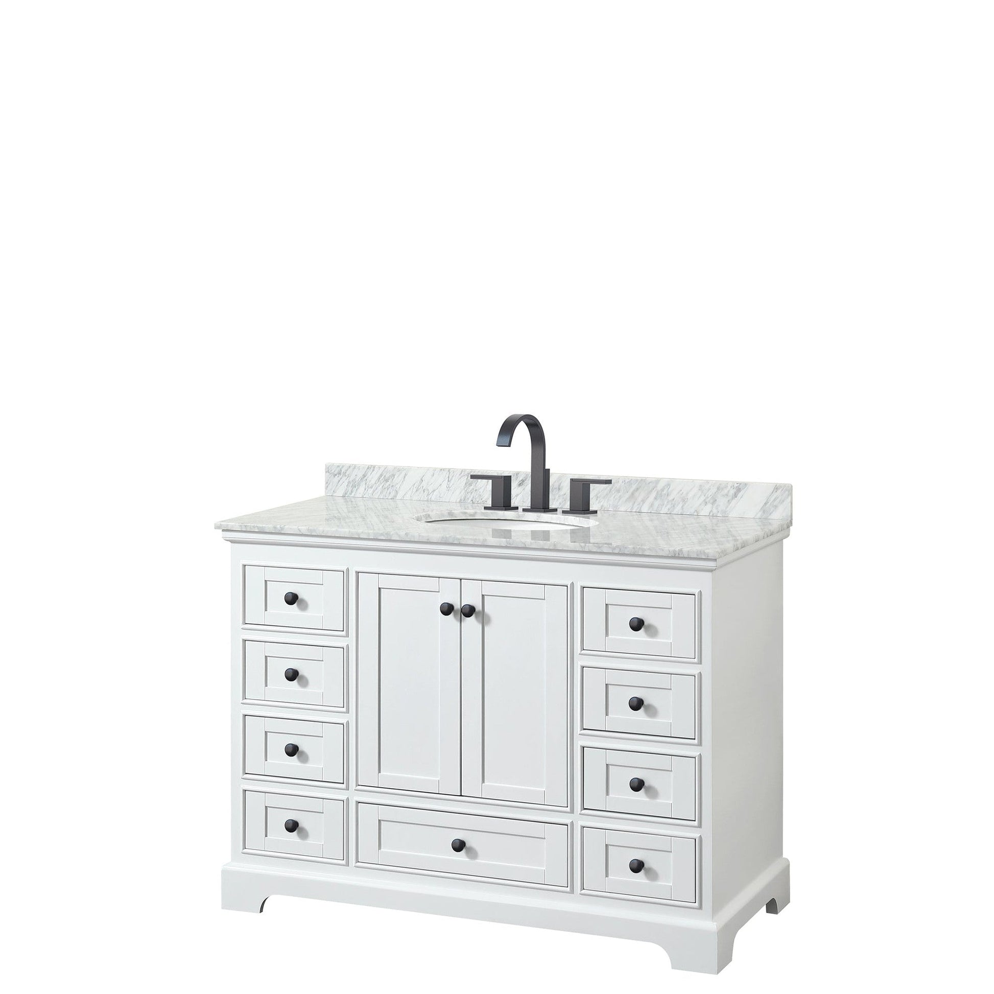 Wyndham Collection Deborah 48" Single Bathroom Vanity in White, White Carrara Marble Countertop, Undermount Oval Sink, Matte Black Trim