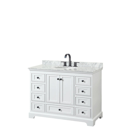 Wyndham Collection Deborah 48" Single Bathroom Vanity in White, White Carrara Marble Countertop, Undermount Oval Sink, Matte Black Trim