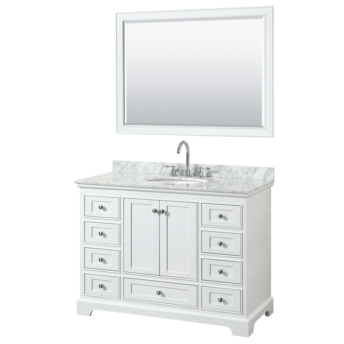 Wyndham Collection Deborah 48" Single Bathroom Vanity in White, White Carrara Marble Countertop, Undermount Oval Sink, and 46" Mirror