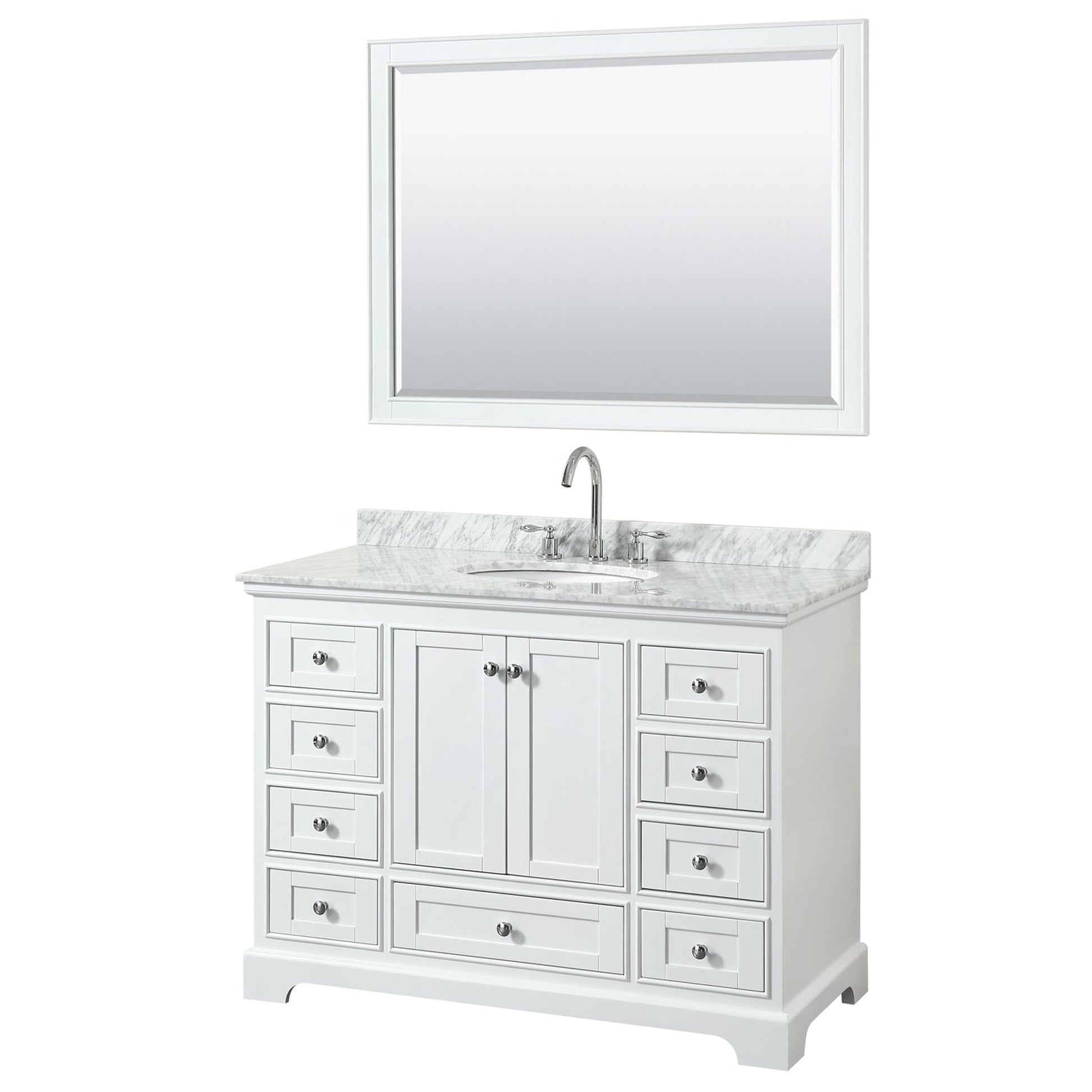 Wyndham Collection Deborah 48" Single Bathroom Vanity in White, White Carrara Marble Countertop, Undermount Oval Sink, and 46" Mirror