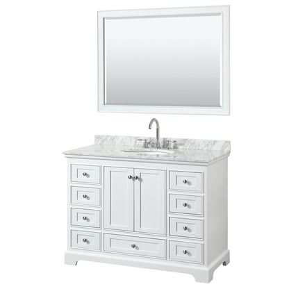 Wyndham Collection Deborah 48" Single Bathroom Vanity in White, White Carrara Marble Countertop, Undermount Oval Sink, and 46" Mirror