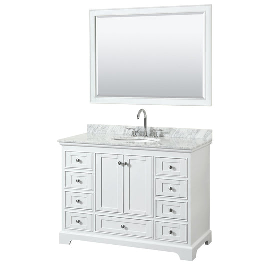 Wyndham Collection Deborah 48" Single Bathroom Vanity in White, White Carrara Marble Countertop, Undermount Oval Sink, and 46" Mirror