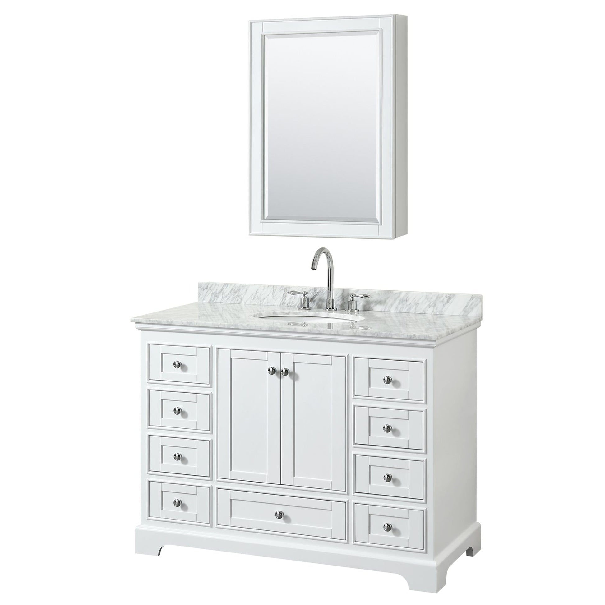 Wyndham Collection Deborah 48" Single Bathroom Vanity in White, White Carrara Marble Countertop, Undermount Oval Sink, and Medicine Cabinet