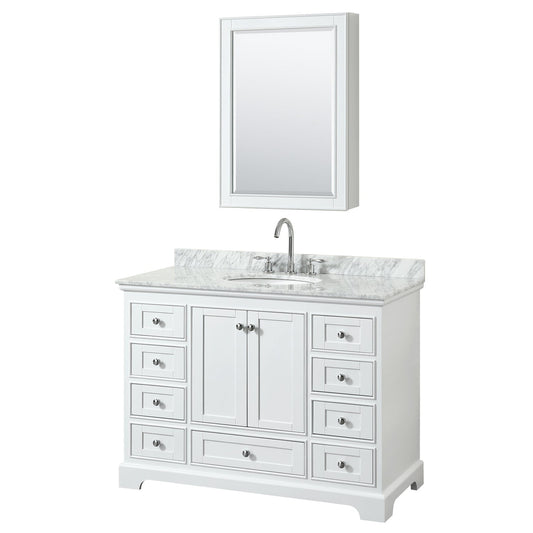 Wyndham Collection Deborah 48" Single Bathroom Vanity in White, White Carrara Marble Countertop, Undermount Oval Sink, and Medicine Cabinet