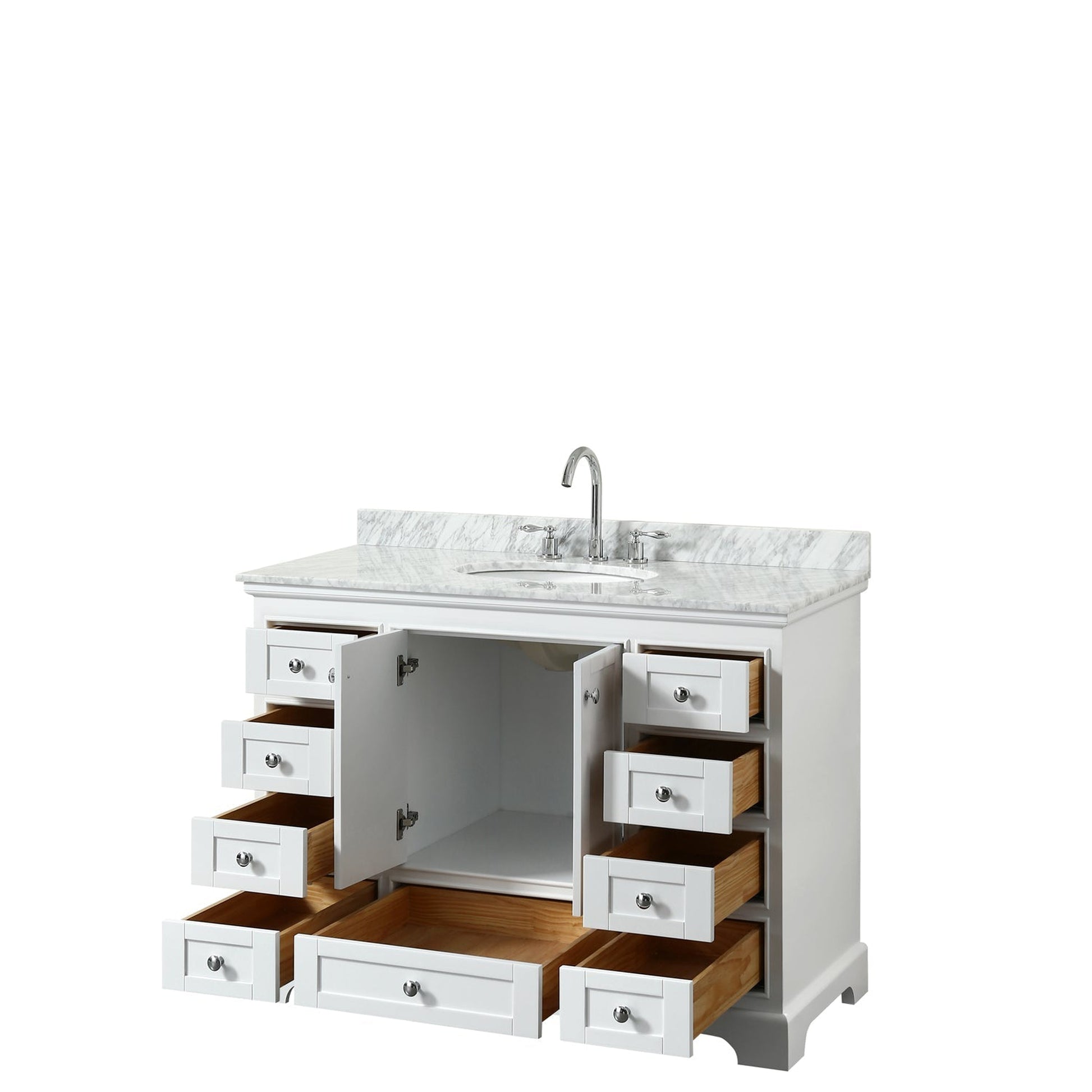Wyndham Collection Deborah 48" Single Bathroom Vanity in White, White Carrara Marble Countertop, Undermount Oval Sink, and No Mirror
