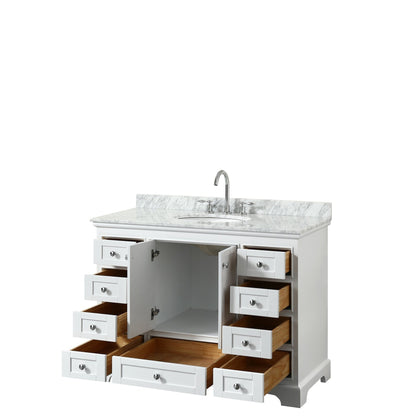 Wyndham Collection Deborah 48" Single Bathroom Vanity in White, White Carrara Marble Countertop, Undermount Oval Sink, and No Mirror