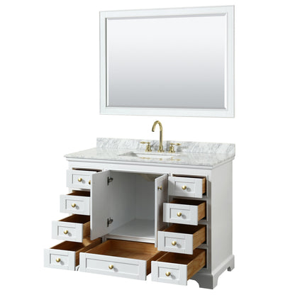 Wyndham Collection Deborah 48" Single Bathroom Vanity in White, White Carrara Marble Countertop, Undermount Square Sink, Brushed Gold Trim, 46" Mirror