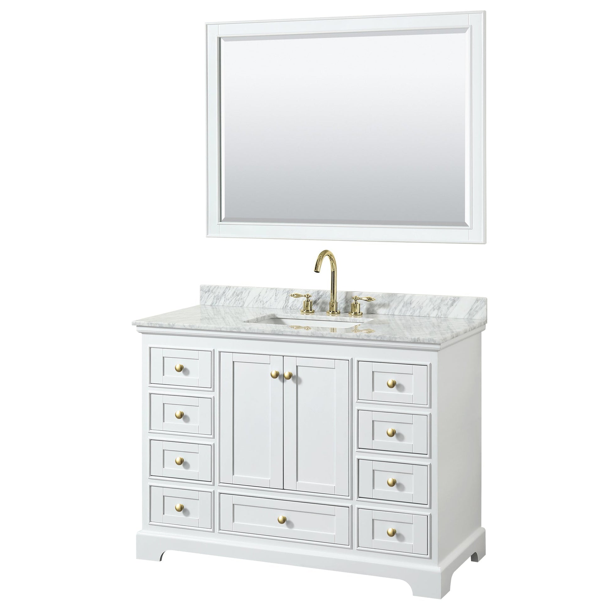 Wyndham Collection Deborah 48" Single Bathroom Vanity in White, White Carrara Marble Countertop, Undermount Square Sink, Brushed Gold Trim, 46" Mirror