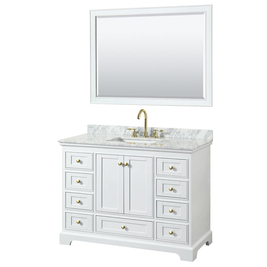 Wyndham Collection Deborah 48" Single Bathroom Vanity in White, White Carrara Marble Countertop, Undermount Square Sink, Brushed Gold Trim, 46" Mirror