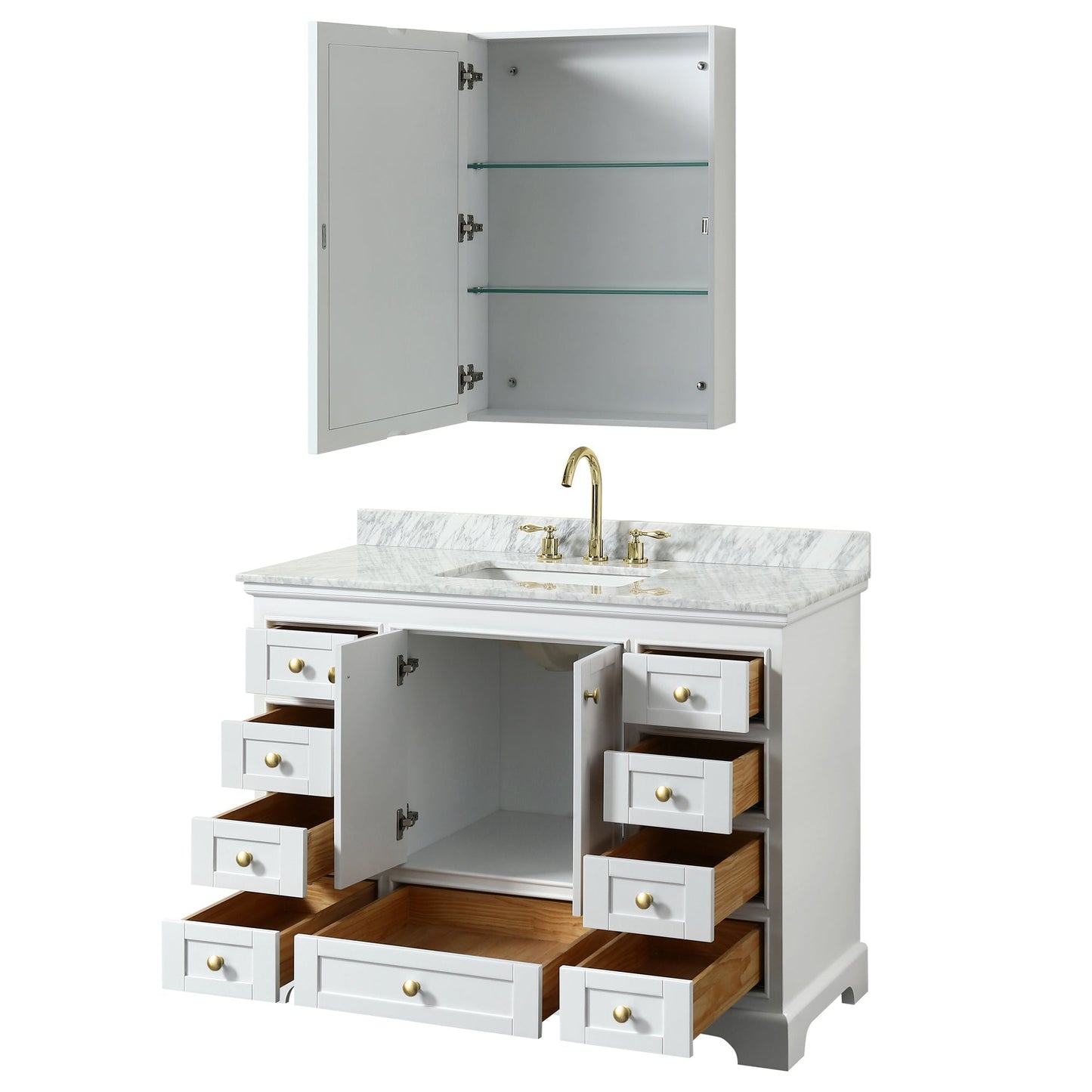 Wyndham Collection Deborah 48" Single Bathroom Vanity in White, White Carrara Marble Countertop, Undermount Square Sink, Brushed Gold Trim, Medicine Cabinet