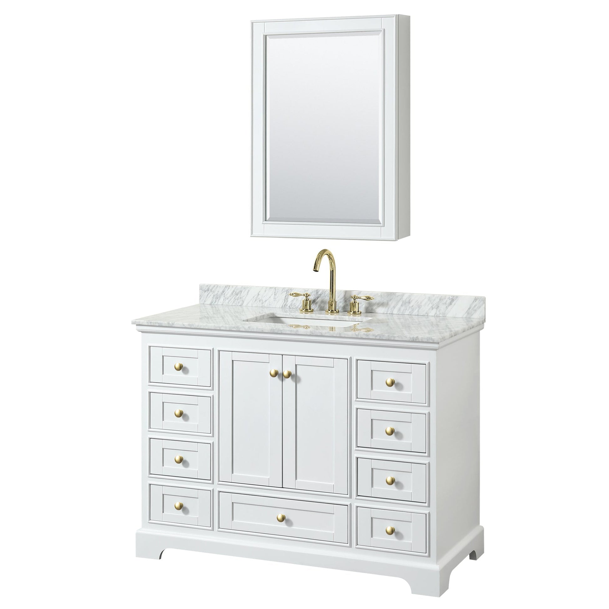Wyndham Collection Deborah 48" Single Bathroom Vanity in White, White Carrara Marble Countertop, Undermount Square Sink, Brushed Gold Trim, Medicine Cabinet