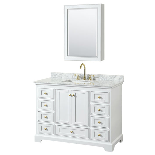 Wyndham Collection Deborah 48" Single Bathroom Vanity in White, White Carrara Marble Countertop, Undermount Square Sink, Brushed Gold Trim, Medicine Cabinet