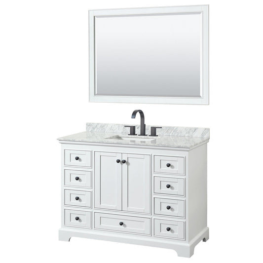 Wyndham Collection Deborah 48" Single Bathroom Vanity in White, White Carrara Marble Countertop, Undermount Square Sink, Matte Black Trim, 46" Mirror