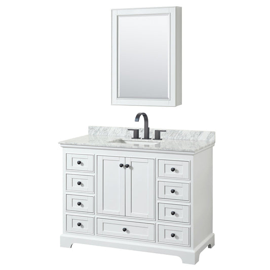 Wyndham Collection Deborah 48" Single Bathroom Vanity in White, White Carrara Marble Countertop, Undermount Square Sink, Matte Black Trim, Medicine Cabinet
