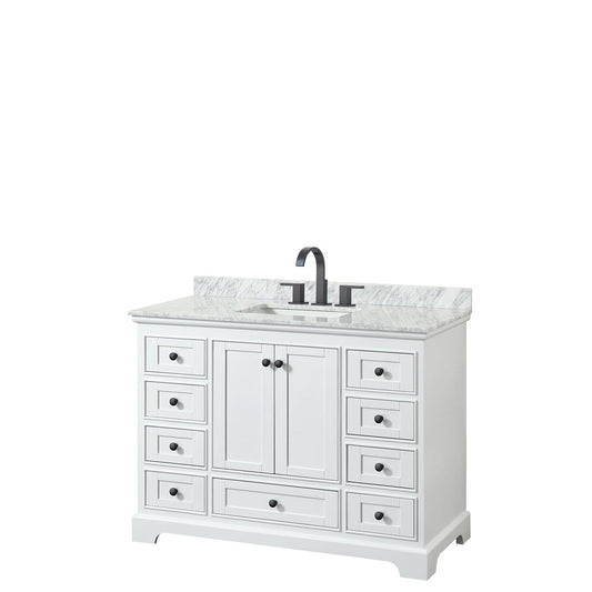 Wyndham Collection Deborah 48" Single Bathroom Vanity in White, White Carrara Marble Countertop, Undermount Square Sink, Matte Black Trim