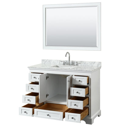 Wyndham Collection Deborah 48" Single Bathroom Vanity in White, White Carrara Marble Countertop, Undermount Square Sink, and 46" Mirror