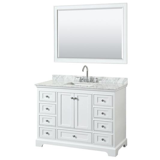 Wyndham Collection Deborah 48" Single Bathroom Vanity in White, White Carrara Marble Countertop, Undermount Square Sink, and 46" Mirror
