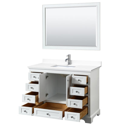 Wyndham Collection Deborah 48" Single Bathroom Vanity in White, White Cultured Marble Countertop, Undermount Square Sink, 46" Mirror