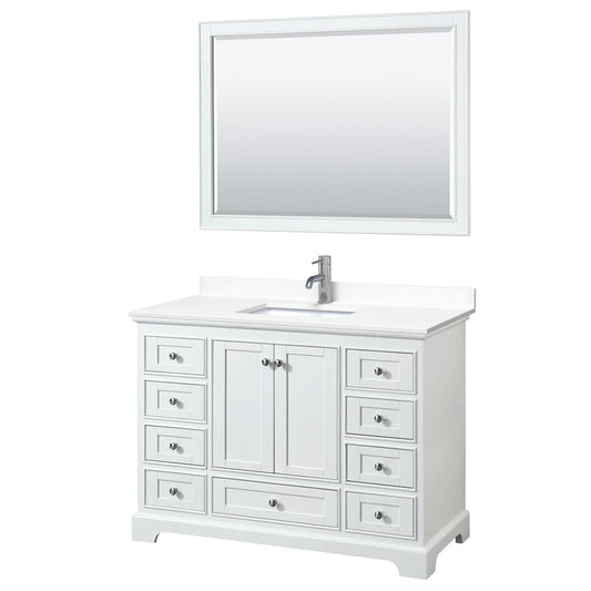 Wyndham Collection Deborah 48" Single Bathroom Vanity in White, White Cultured Marble Countertop, Undermount Square Sink, 46" Mirror