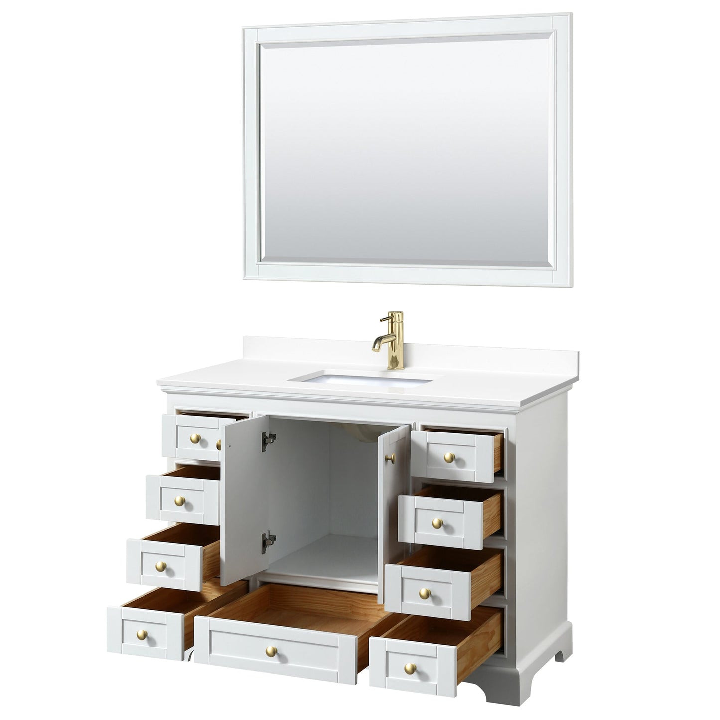 Wyndham Collection Deborah 48" Single Bathroom Vanity in White, White Cultured Marble Countertop, Undermount Square Sink, Brushed Gold Trim, 46" Mirror