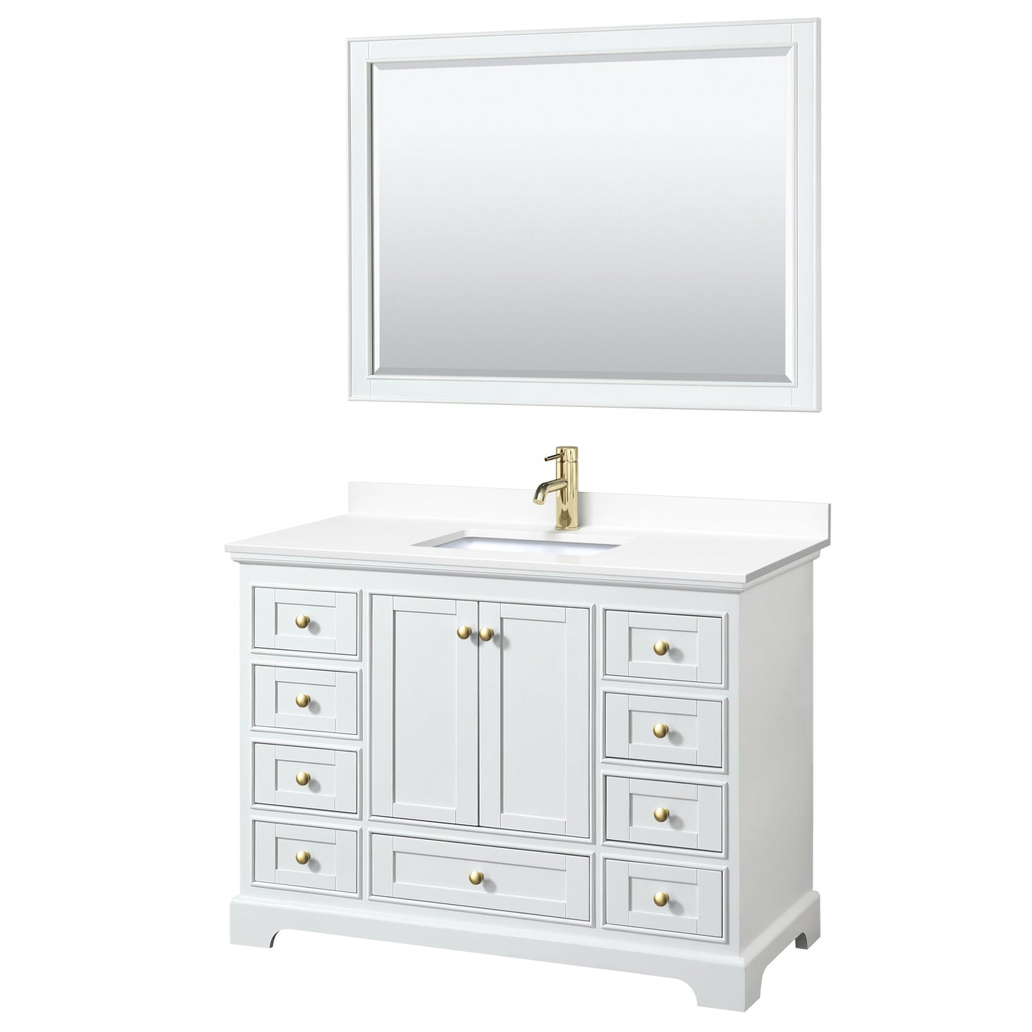 Wyndham Collection Deborah 48" Single Bathroom Vanity in White, White Cultured Marble Countertop, Undermount Square Sink, Brushed Gold Trim, 46" Mirror