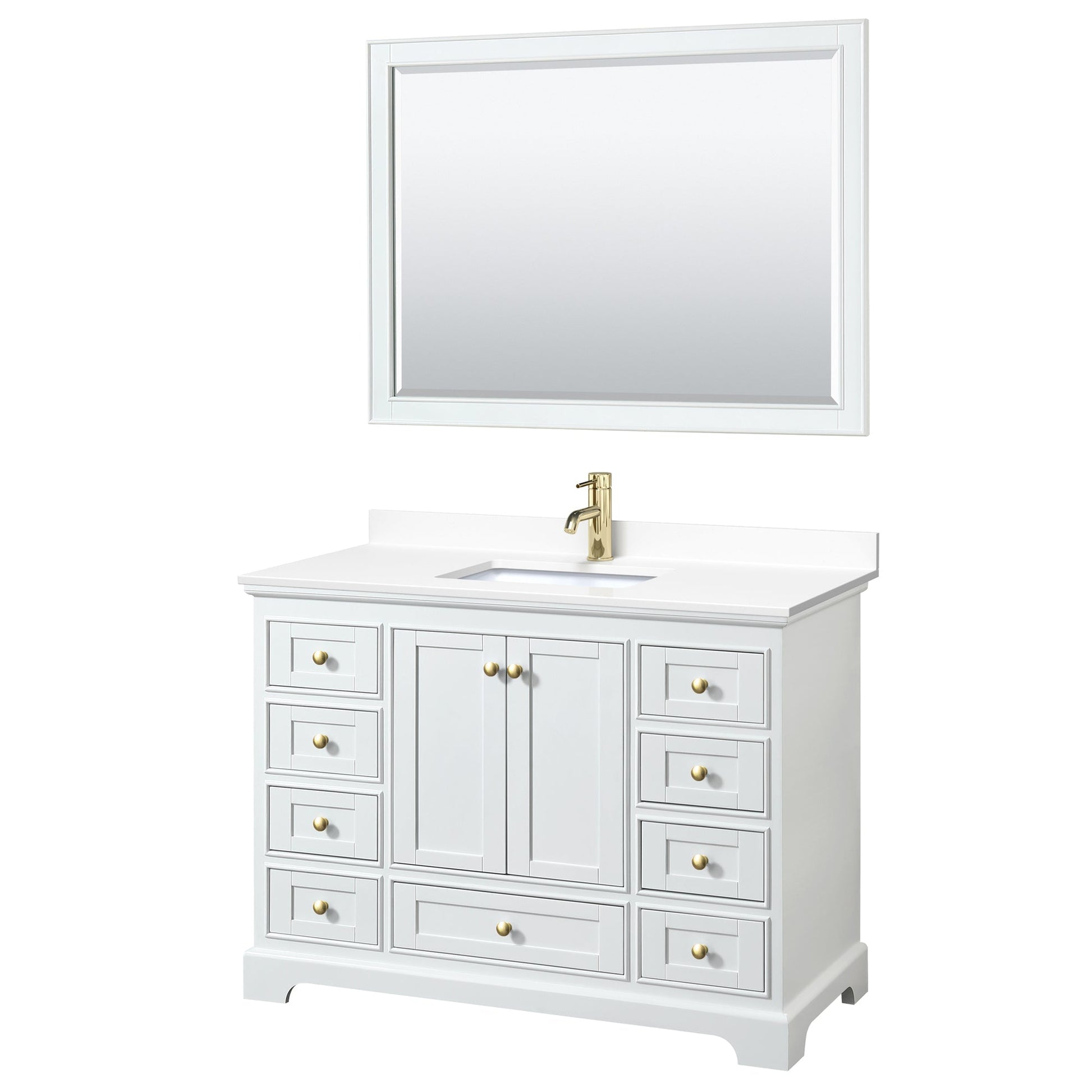 Wyndham Collection Deborah 48" Single Bathroom Vanity in White, White Cultured Marble Countertop, Undermount Square Sink, Brushed Gold Trim, 46" Mirror