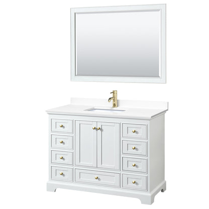 Wyndham Collection Deborah 48" Single Bathroom Vanity in White, White Cultured Marble Countertop, Undermount Square Sink, Brushed Gold Trim, 46" Mirror