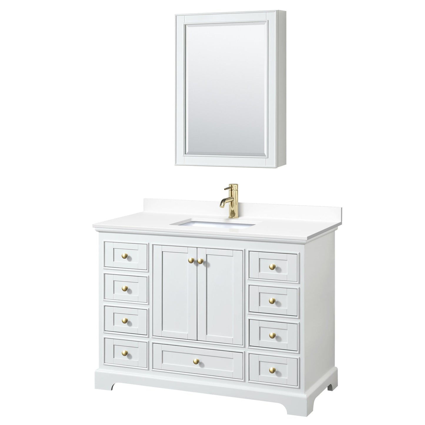 Wyndham Collection Deborah 48" Single Bathroom Vanity in White, White Cultured Marble Countertop, Undermount Square Sink, Brushed Gold Trim, Medicine Cabinet